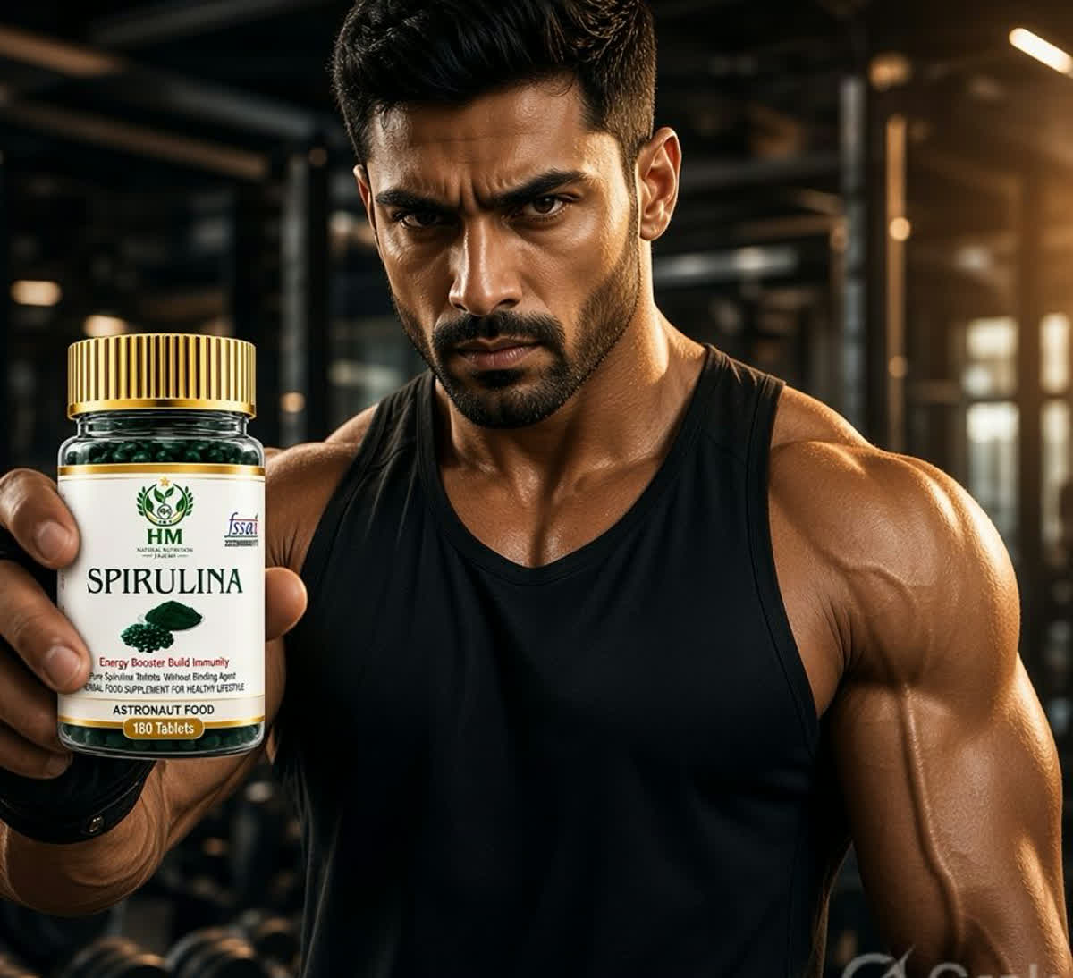 Athlete holding an HM Spirulina bottle after training