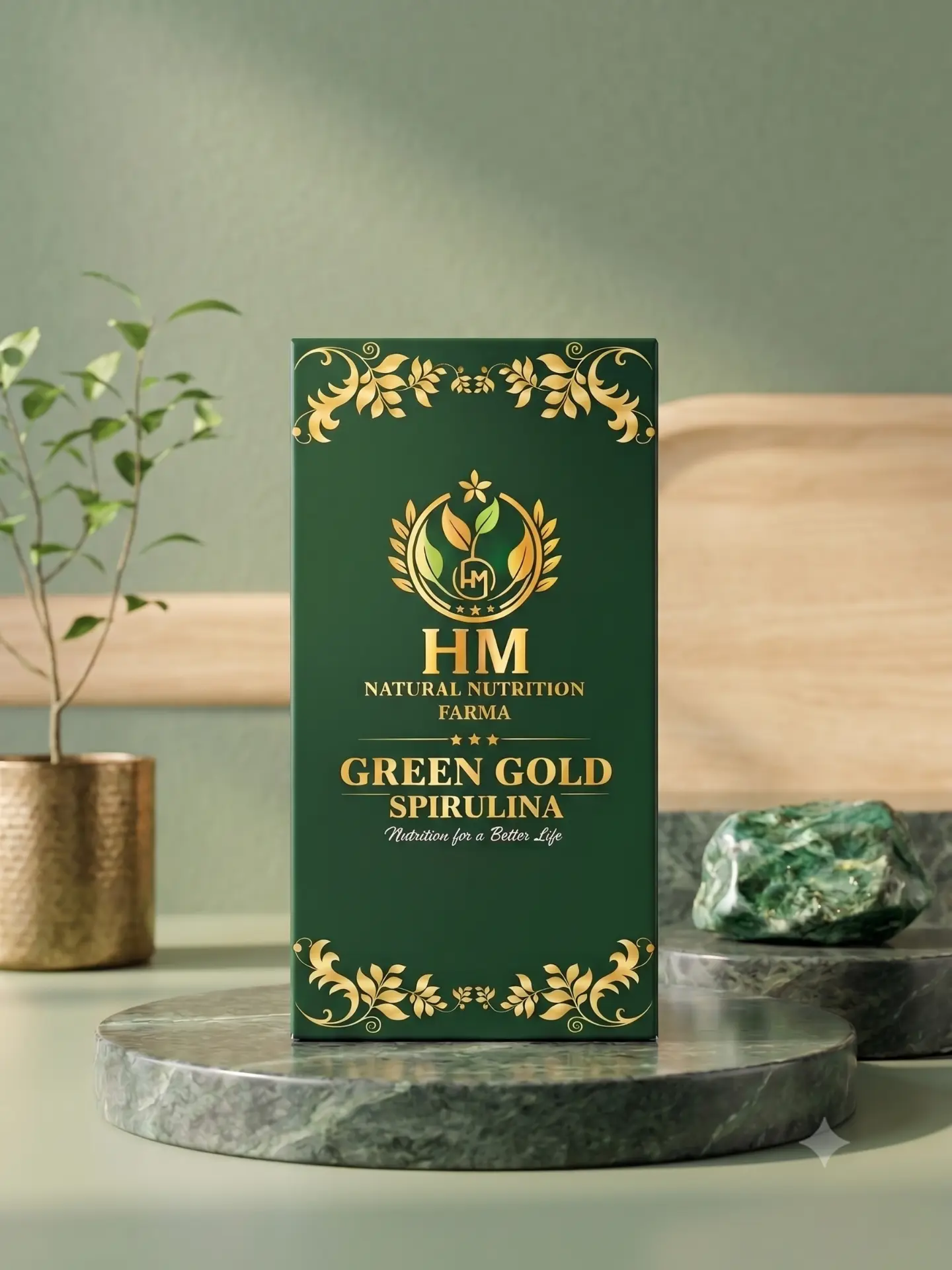 HM Green Gold Spirulina tablets box in green and gold packaging