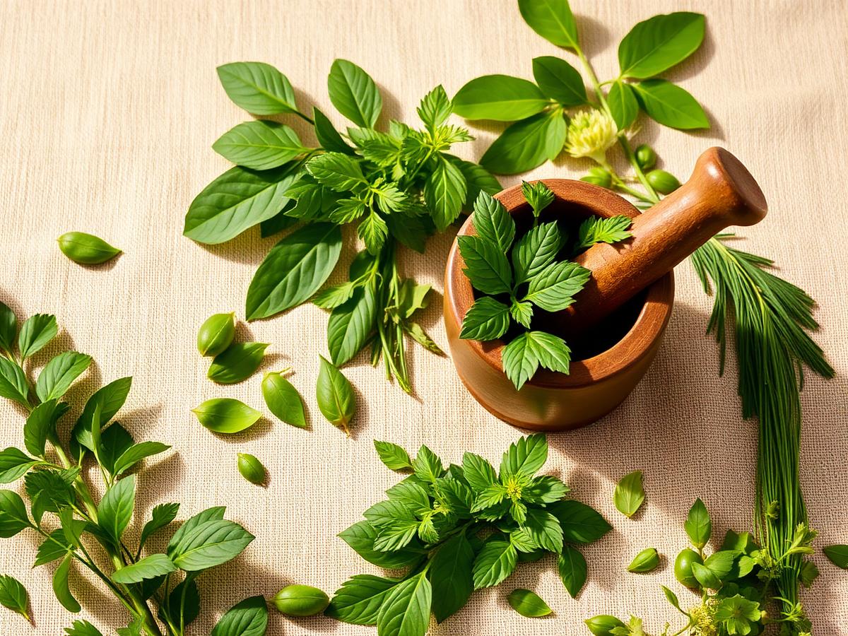 Fresh herbs and a wooden mortar and pestle on natural linen